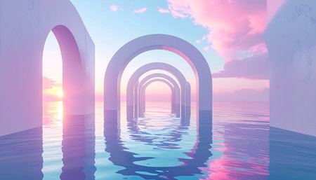 A series of white arches recede into the distance over water reflecting a pastel sunset.の素材