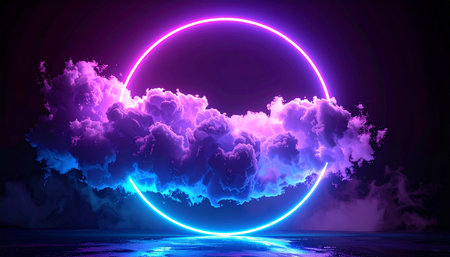 A glowing neon ring in blue and purple illuminates misty clouds above a dark, wet, reflective ground.の素材