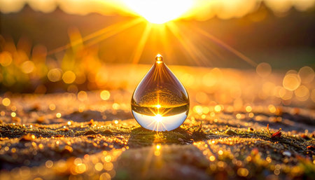 A large water droplet on the ground reflects the golden sunrise and sunburst with bokehの素材