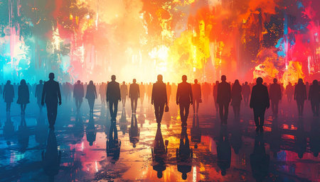 A large crowd of people walks through a vibrant, abstract landscape of fire and light in multiple colors.の素材