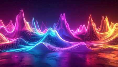 Glowing neon sound wave peaks with reflections and a starry sky in vibrant colors.の素材