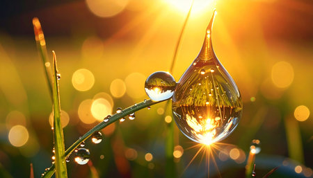 A large teardrop shaped dewdrop on a grass blade with a smaller dewdrop reflecting.の素材