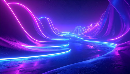 A digital landscape with a glowing neon river winding through abstract terrain under a starry sky.の素材