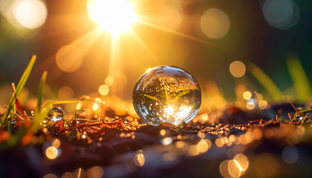 A glass sphere on a forest floor reflects sunlight and the surrounding nature with bokeh.の素材