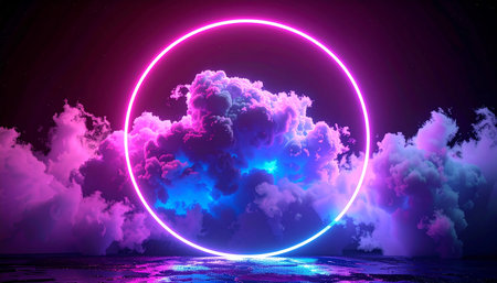 A bright neon pink circle frames colorful clouds in blue and purple hues above a wet, reflective surface.の素材