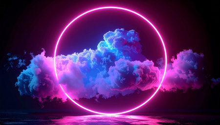 A bright pink neon circle frames colorful blue and purple clouds above a dark, wet, reflective surface.の素材