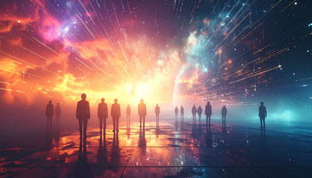 Silhouettes of people walk on a reflective surface towards a bright cosmic explosion of light and color.の素材