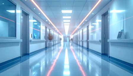 A long, empty hospital corridor with bright white lights and red accent lighting on the walls.の素材