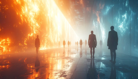 Silhouettes of people walk down a futuristic corridor with walls of fiery orange and icy blue light.の素材