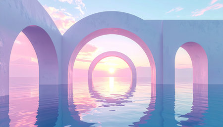 The sun sets through pastel arches over calm water, casting vibrant reflections of the pink and blue sky.の素材