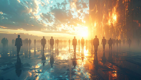 Silhouetted figures walk on a reflective surface towards a bright sun and glowing cityscape with clouds.の素材
