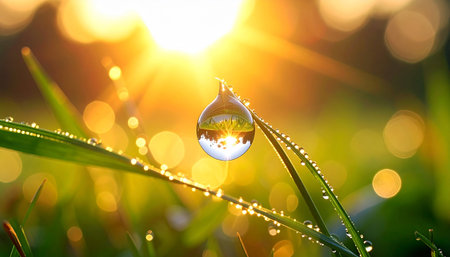 A single dewdrop on a grass blade reflects the golden sunrise with a soft bokeh background.の素材