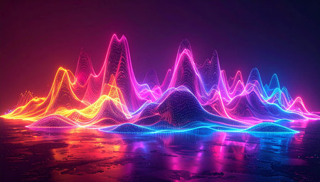 Abstract neon sound wave visualization with vibrant colors and a reflective surface.の素材