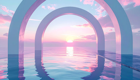 White arches frame a pastel sunset over calm water reflecting the sky and sun. Clear details and vibrant colors enhan...の素材