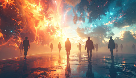 Silhouettes of people walk towards a bright cosmic explosion and colorful nebulae in the sky.の素材