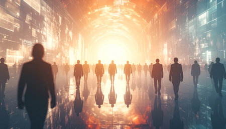 Silhouetted crowd walks down a bright futuristic tunnel with glowing walls and reflections on the floor.の素材