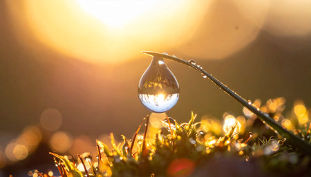 A teardrop-shaped dewdrop hangs from a grass blade, reflecting the golden sunrise and bokeh.の素材