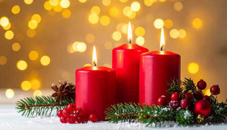 Ornament showing three red christmas candles burning in snow with festive decorations and bokeh lights keywords:...の素材