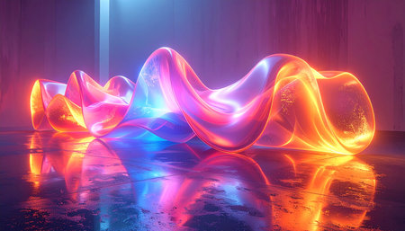 Wavy abstract form with glowing neon pink blue and orange light on a reflective surfaceの素材