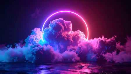 A bright neon pink circle surrounds dense pink and blue clouds on a dark, wet, and reflective surface.の素材