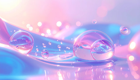 Abstract pink and blue fluid waves with floating translucent bubbles and soft light effects.の素材