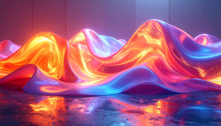 An abstract landscape of glowing neon waves with glittering particles and vibrant color gradients.の素材