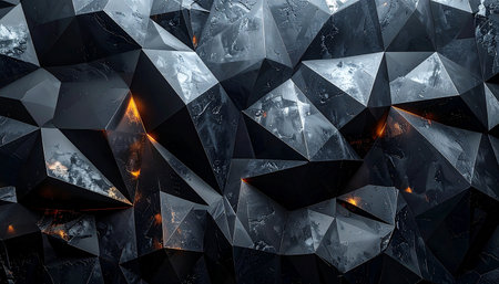 Black geometric crystal facets with sharp edges and a rough texture, illuminated by a vibrant orange glow.の素材