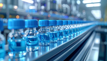 Pharmaceutical vaccine vials with blue liquid are transported on a conveyor system within a manufacturing plant.の素材