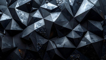 An intricate dark geometric crystal texture featuring sharp, reflective facets and deep shadows.の素材