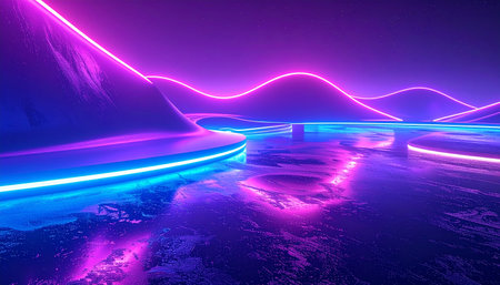 A reflective abstract landscape with wavy hills and glowing neon light trails in vibrant purple and blue hues.の素材