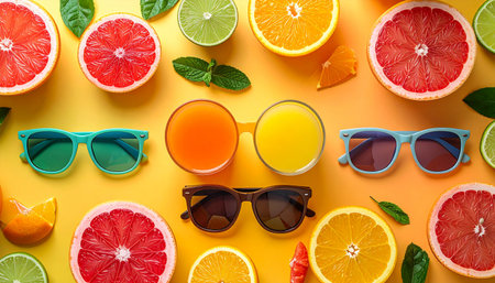 Composition with glasses of juice and citrus fruits on color background, top viewの素材