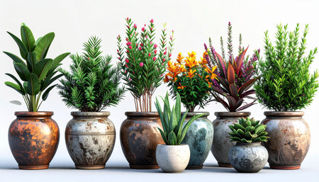 Decorative plants in pots isolated on a white background. 3d illustrationの素材