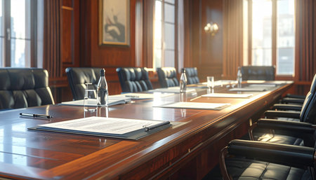 Interior of a conference room with wooden table and chairs. 3D renderingの素材