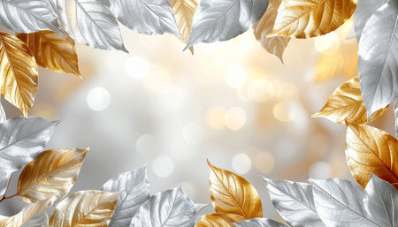 Silver and gold leaves background with bokeh effect. 3D renderingの素材