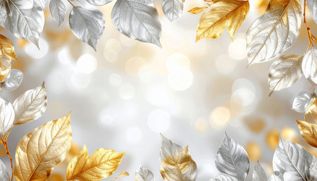 Autumn background with golden leaves and bokeh lights. Vector illustration.の素材