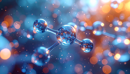3d illustration of molecule structure over blue background with bokehの素材