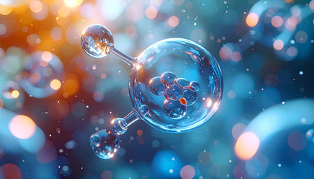 3d illustration of molecules on blue background with bokeh effectの素材