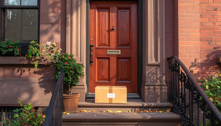 Entrance of a brown wooden house in Manhattan.の素材