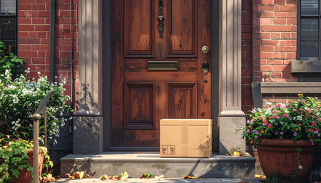 Wooden front door with a cardboard box in front of it.の素材