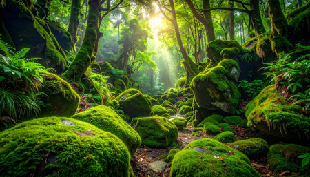 Beautiful green forest with sunlight and moss in the morning, Taiwanの素材