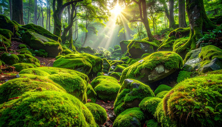 Beautiful green moss in the forest with sunlight and lens flare.の素材