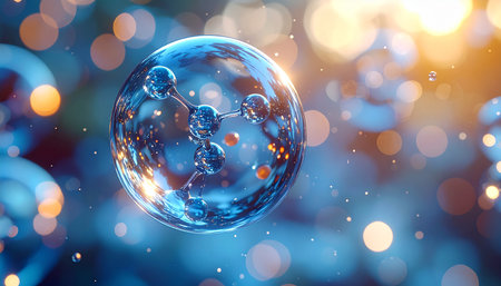 3d illustration of a molecule in a water ball. Abstract backgroundの素材