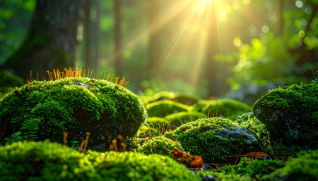 beautiful green moss in the forest with sunbeams and lens flareの素材