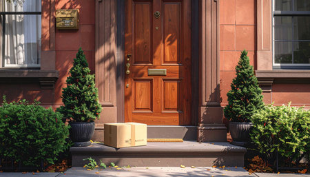Wooden front door of a brown house with a box in the foregroundの素材