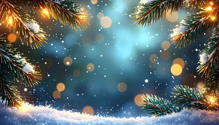 Christmas background with fir branches covered with snow on bokeh backgroundの素材