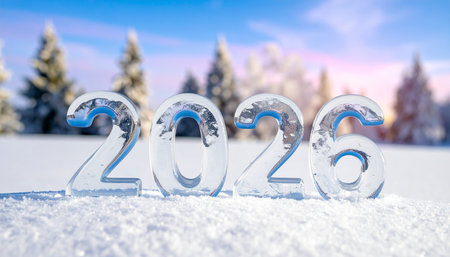 Happy New Year 2016. Winter background with snowflakes and pine treesの素材