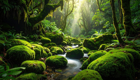 Mossy forest and stream in the rainforest of Costa Ricaの素材
