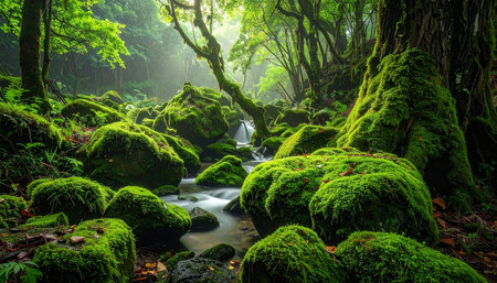 Mossy forest with a waterfall in the background, Taiwan.の素材