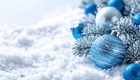 Christmas greeting card. Festive decoration on snow. New Year concept. Copy space.  Flat lay. Top view.の素材