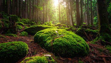 Green moss in the forest with sun light in morning. Nature backgroundの素材